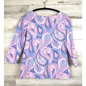 Talbots Womens S Petite Pink Blue Paisley 3/4 Sleeve Cotton Stretch Tee NEW